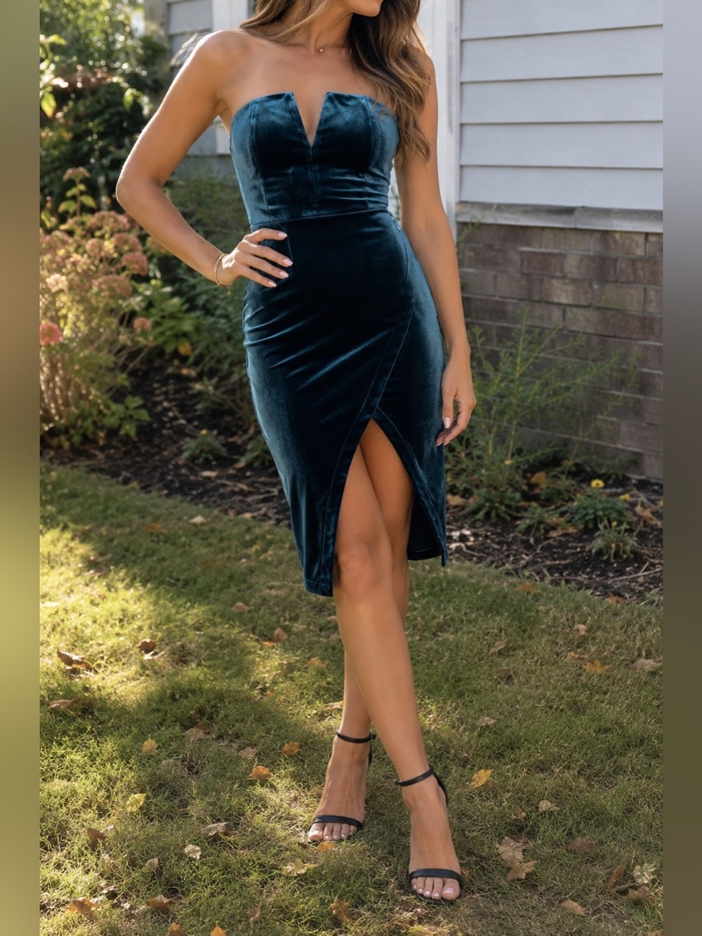 By The Way x REVOLVE Beatrice Velvet Strapless Midi Dress Blue Teal XS